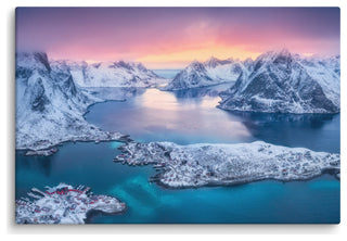 Reine at Winter Sunset Icy Mountain Landscape Photo Canvas Wall Art Prints, 24" X 36"