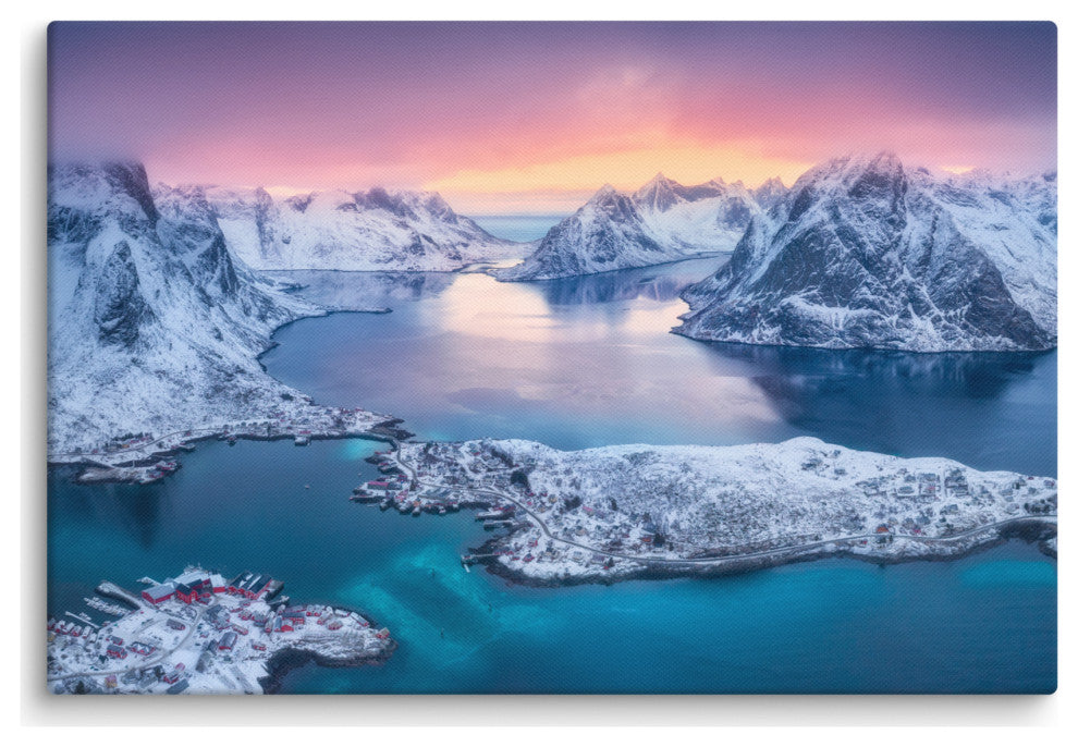 Reine at Winter Sunset Icy Mountain Landscape Photo Canvas Wall Art Prints, 24" X 36"