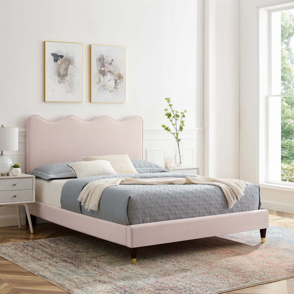 Platform Bed Frame, Queen Size, Pink, Velvet, Modern, Bedroom Guest Suite