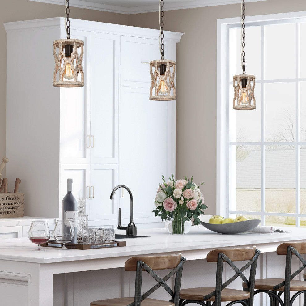 LNC Farmhouse Bronze Distressed Wood Cylinder Chandelier, 6.1" Width