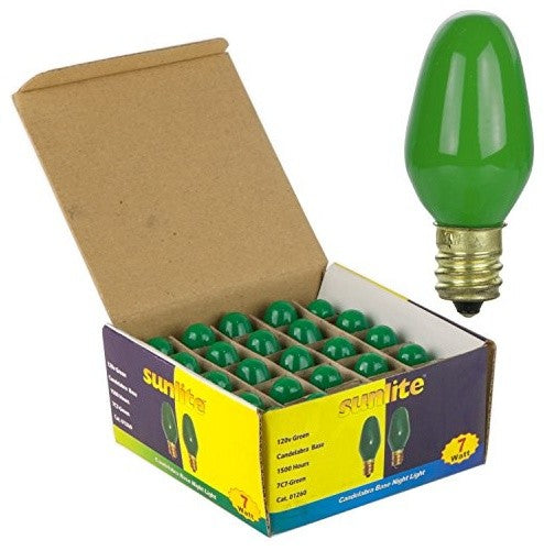 Sunlite 7 Watt C7 Colored Night Light, Candelabra Base, Ceramic Green, 25 Pack
