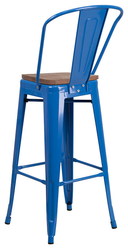 30" High Metal Barstool With Back and Wood Seat, Blue