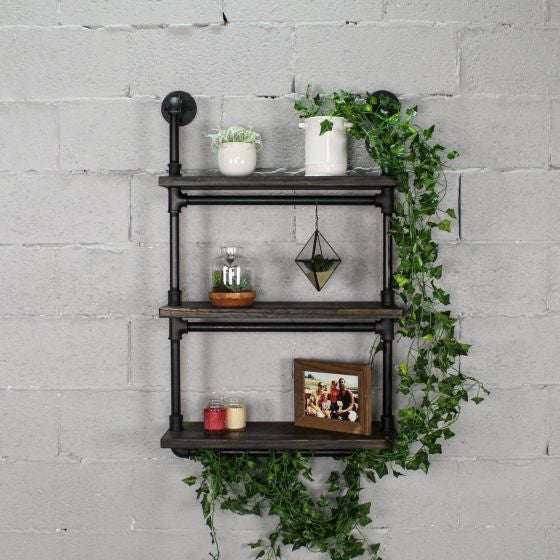 Juneau 30" 3-Tier Wall Mounted Bookcase, Black Steel/Dark Brown Wood