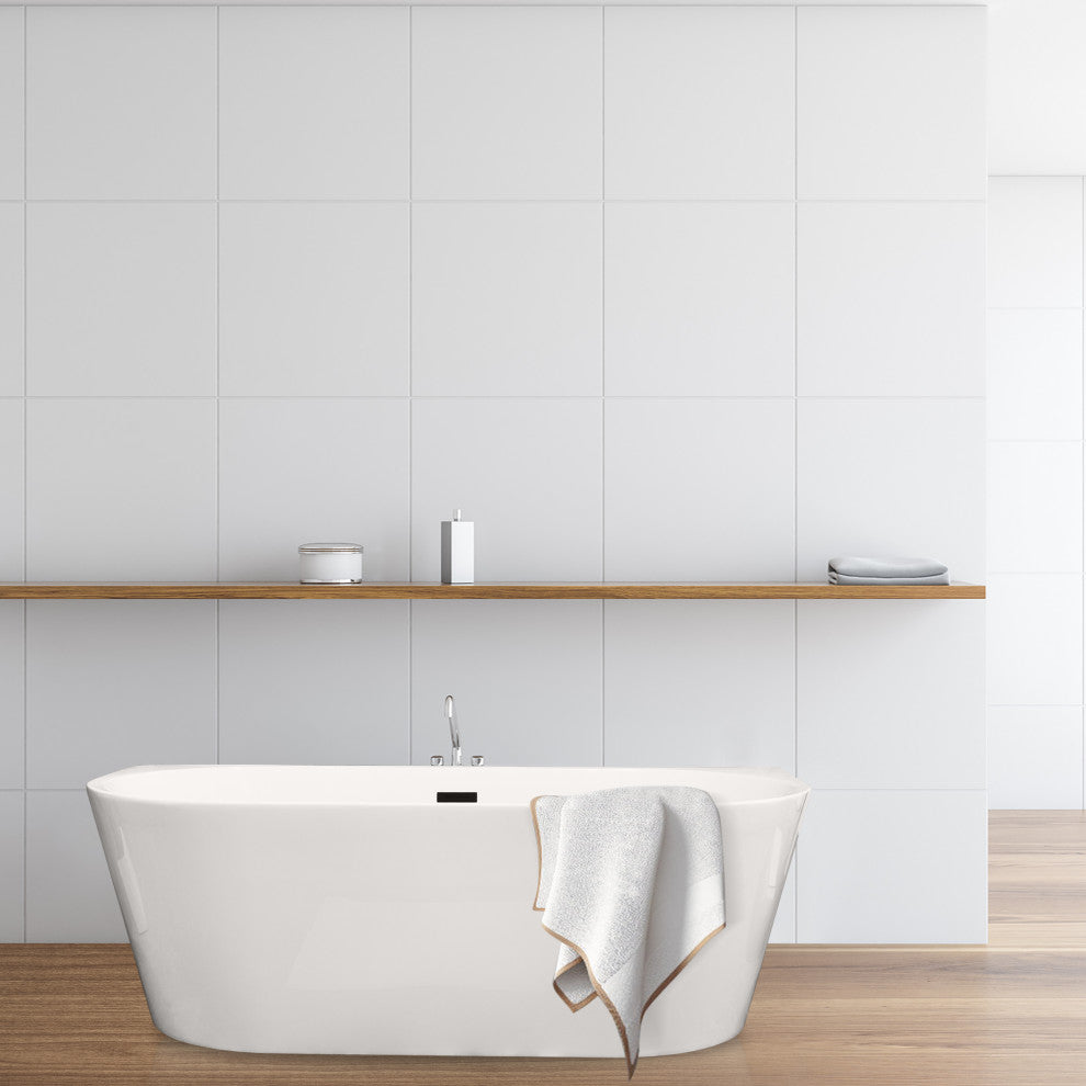 Satchi 67"x32" Flatbottom Freestanding Soaking Bathtub, Matte Black Hardware