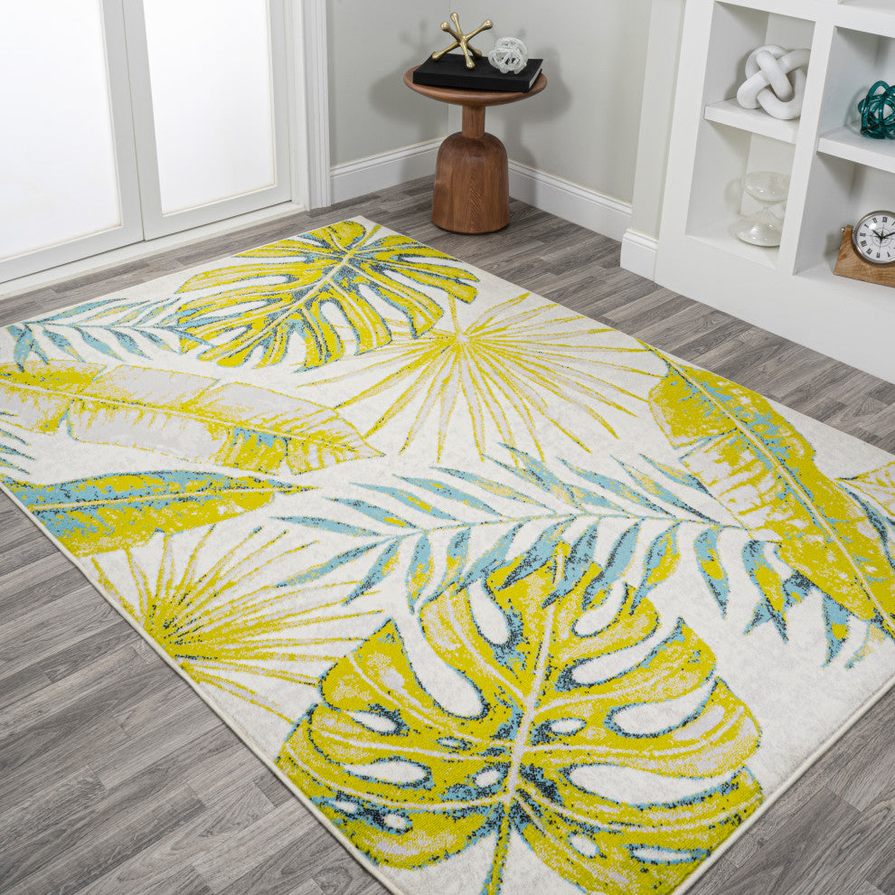 Monstera Tropical Leaves Ivory/Green 4'x6' Area Rug