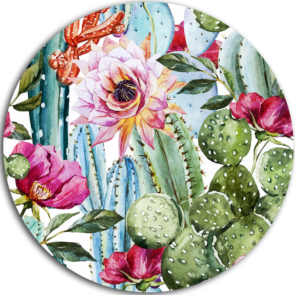 Cactus Pattern Watercolor, Floral Digital Art Round Metal Wall Art, 38"