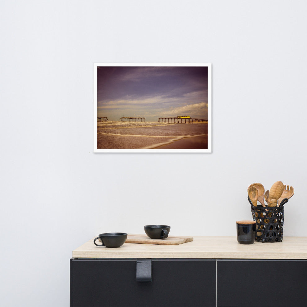 Aged View of Frisco Pier Coastal Framed Photo Paper Print, White, 18" X 24"