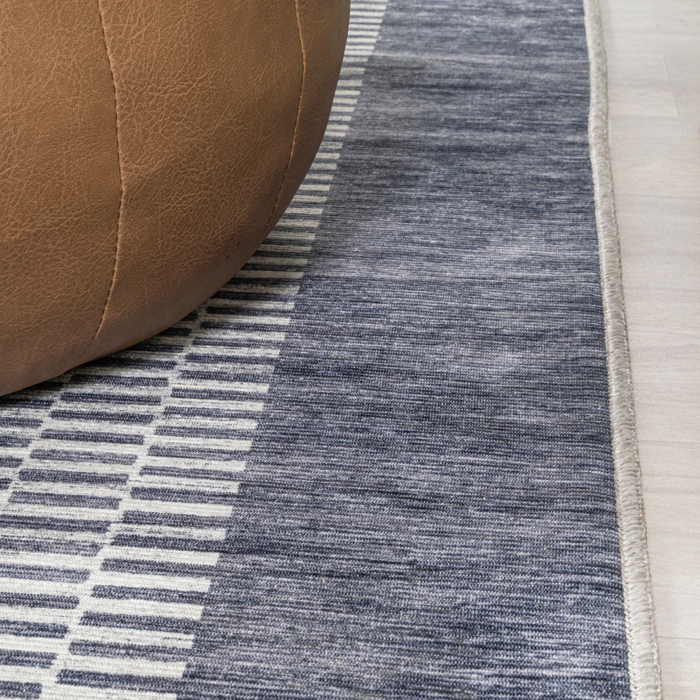 Vichy Geometric Striped Machine-Washable Area Rug, Slate Gray/Ivory, 8 X 10