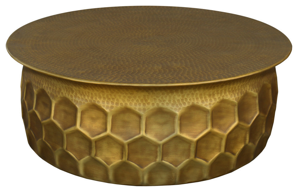 Benzara UPT-272882 Industrial Hammered Brass Round Coffee Table, Antique Brass