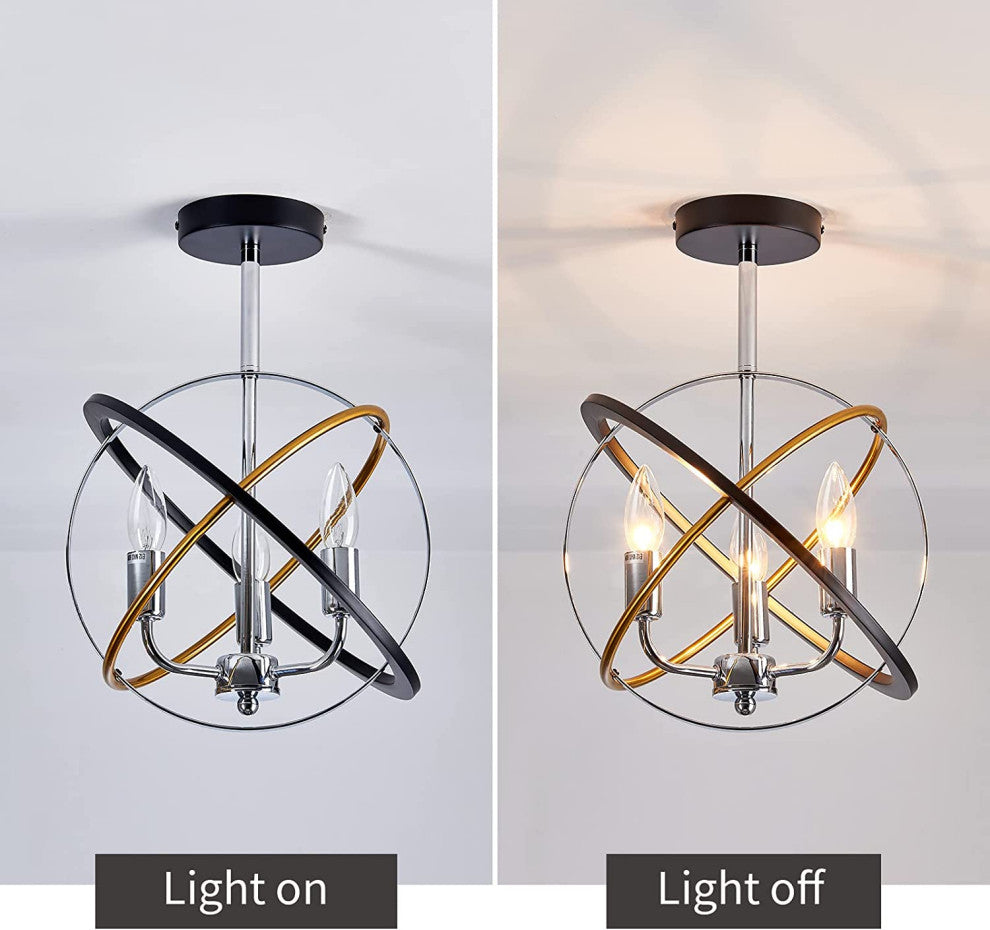 3 Light Farmhouse Semi Flush Mount Ceiling Light, Industrial Vintage, Globe