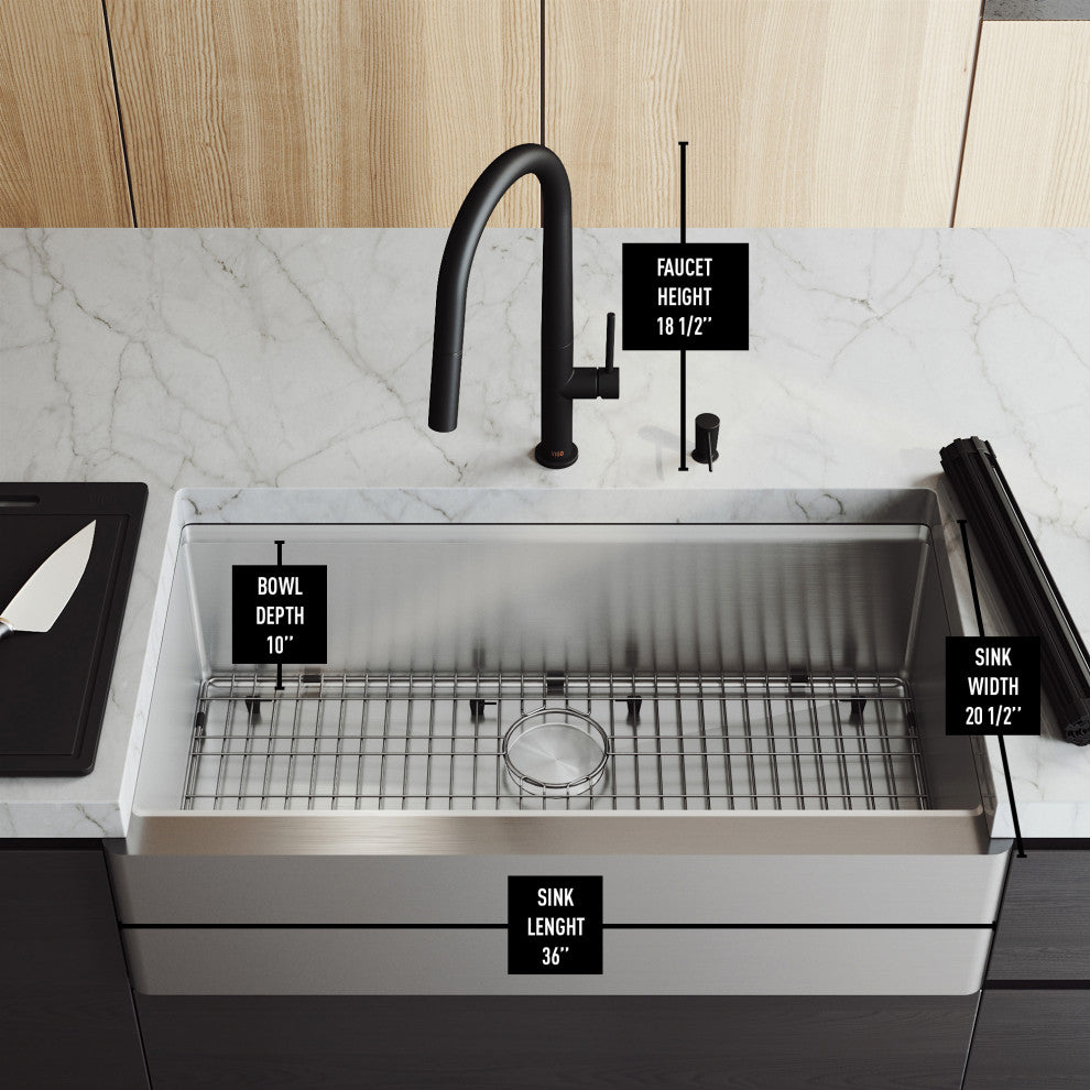 Oxford 36"L x 21"W Farmhouse Kitchen Sink and Greenwich 18"H in Black Faucet Set