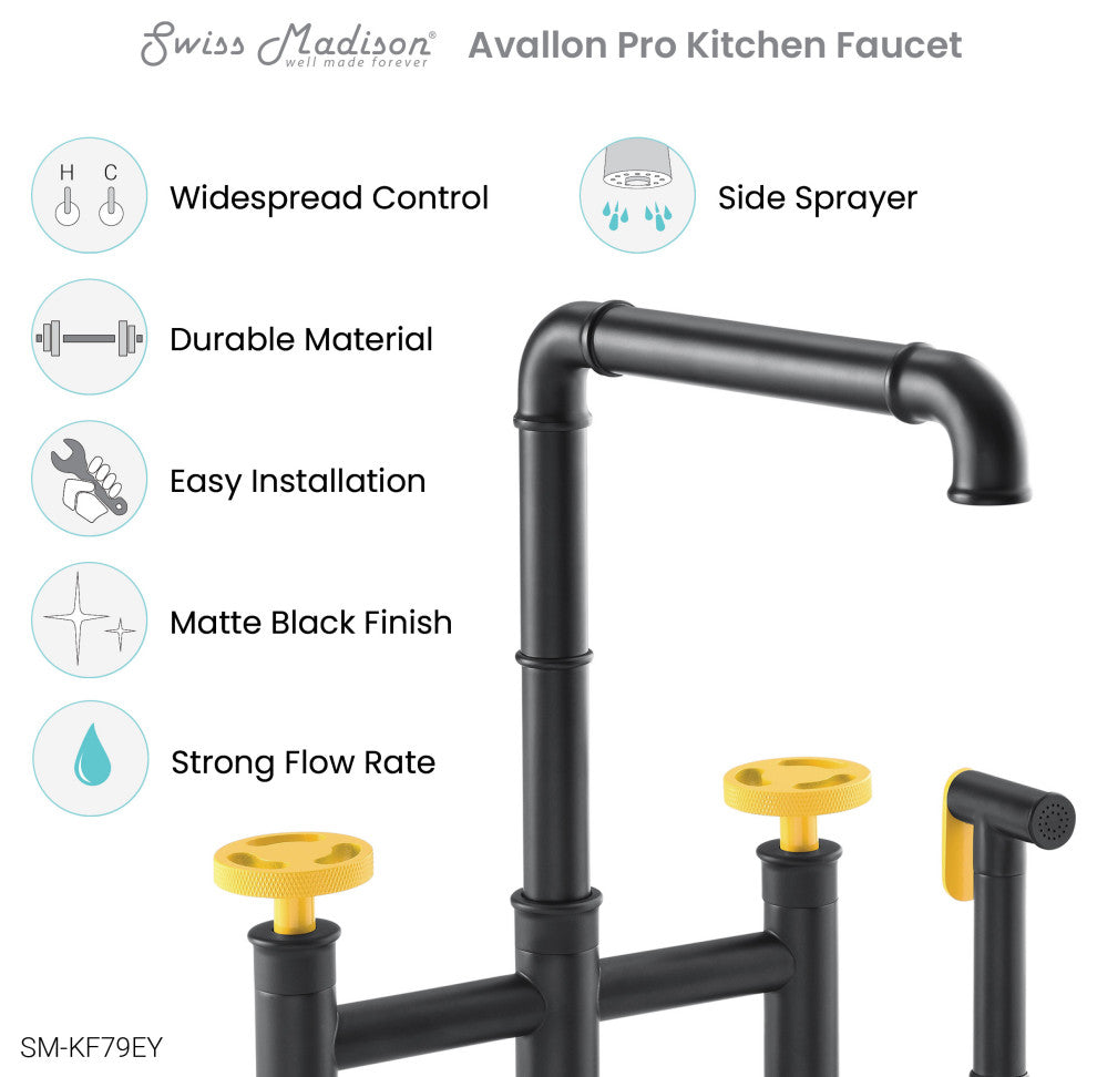 Avallon Pro Widespread Kitchen Faucet With Side Sprayer, Matte Black/Yellow