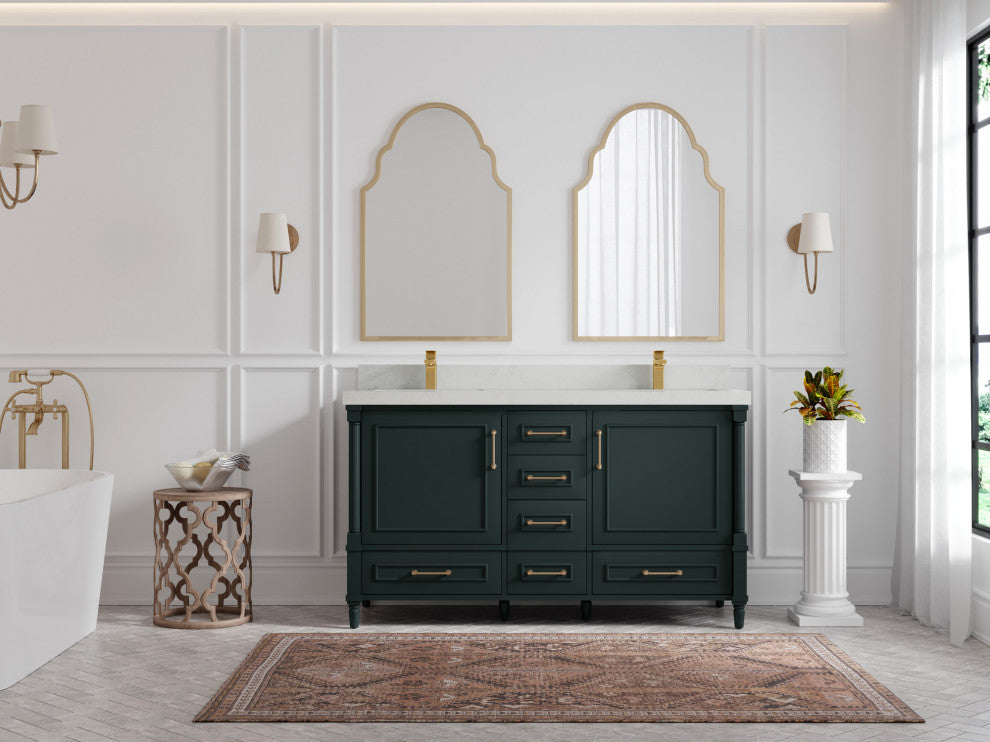 Aberdeen 60 Double Bathroom Vanity in Dark Forest Green 2" Carrara Quartz