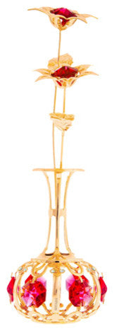 24K Gold Plated Sun Flowers In Vase Ornament With Red Crystals
