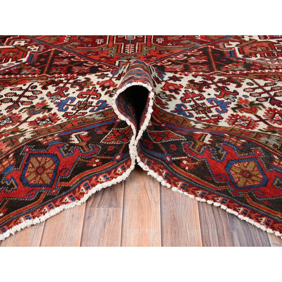 Imperial Red Pure Wool Hand Knotted Semi Antique Persian Heriz Rug 9'8"x12'9"
