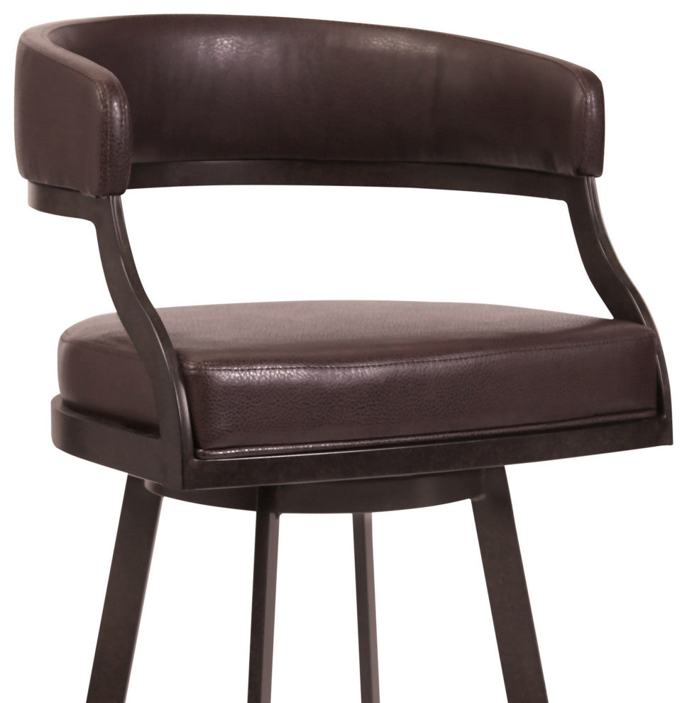 Benzara BM282117 30" Swivel Bar Stool Chair Curved, Faux Leather, Auburn Brown