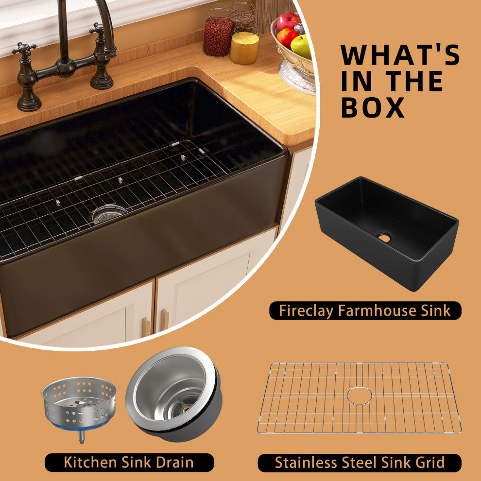 Black Fireclay 33 Inch Single Bowl Farmhouse Apron Front Kitchen Sink
