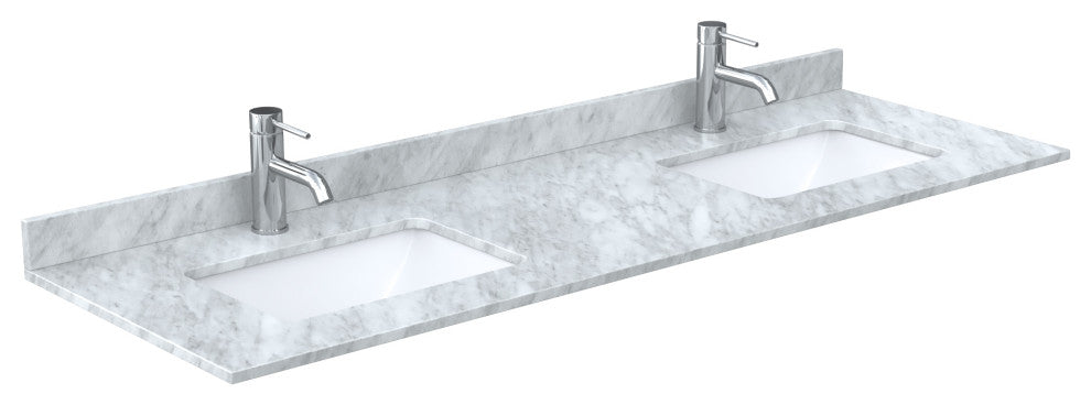 Elan 66" Double Vanity, White Oak, White Carrara Marble Top, Black Trim