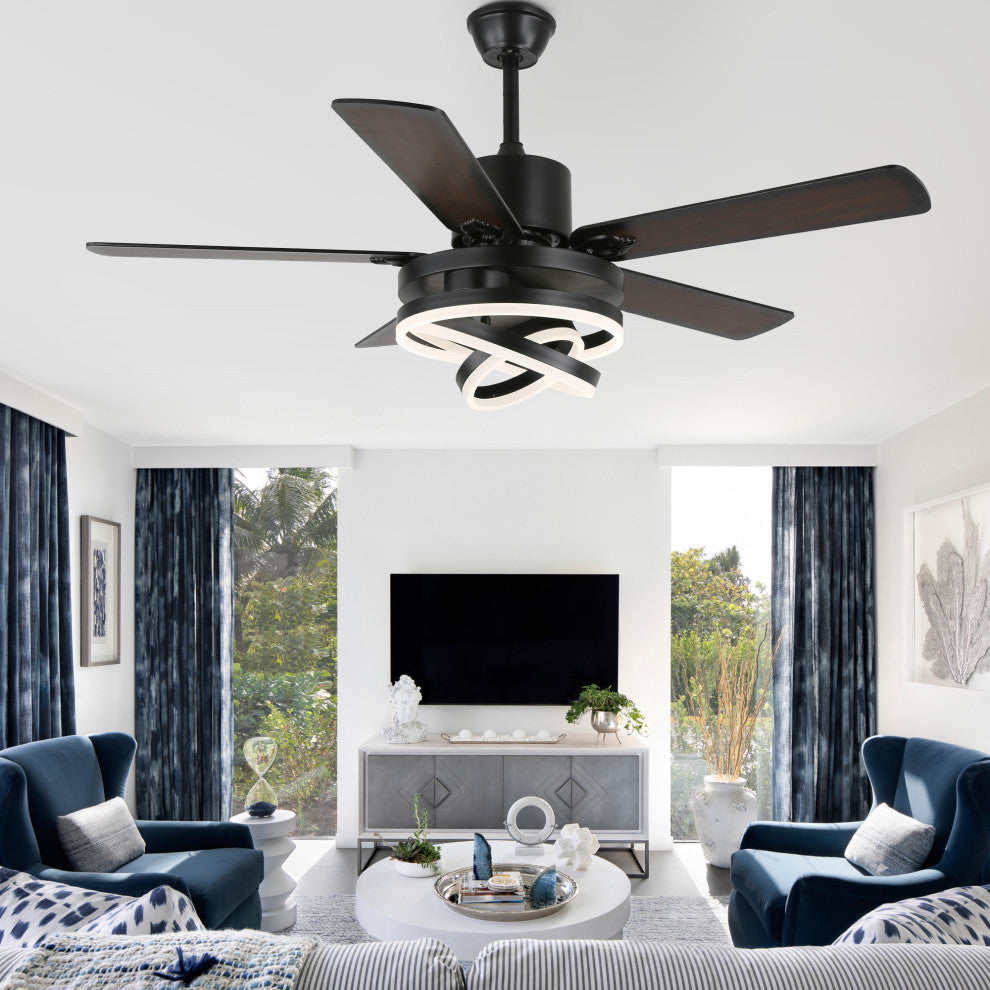 52" Modern Ceiling Fan with Dimmable Light and Remote Control, 6-Speed, Black, 52