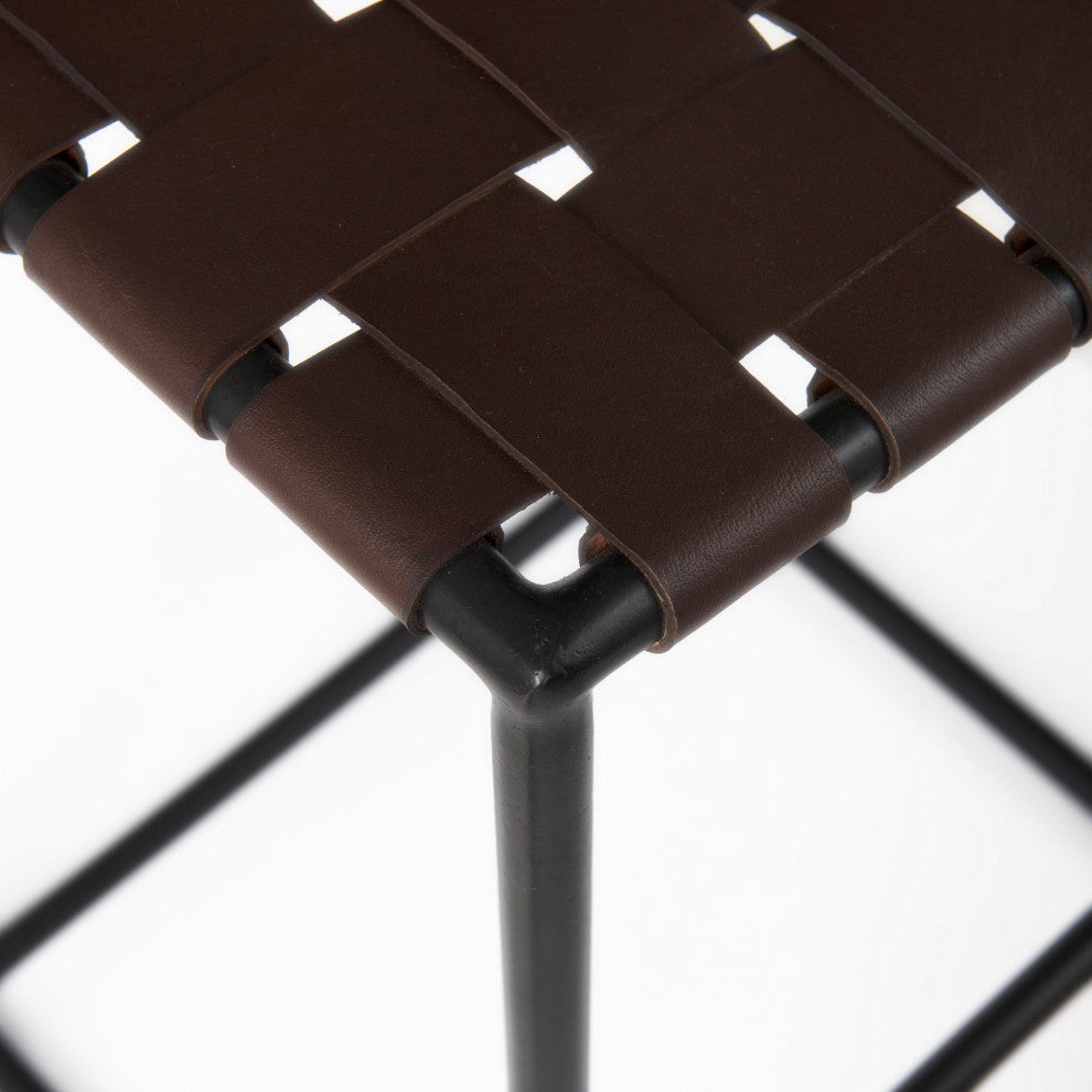 Clarissa Dark Brown Woven Leather Seat with Black Metal Frame Bar Stool
