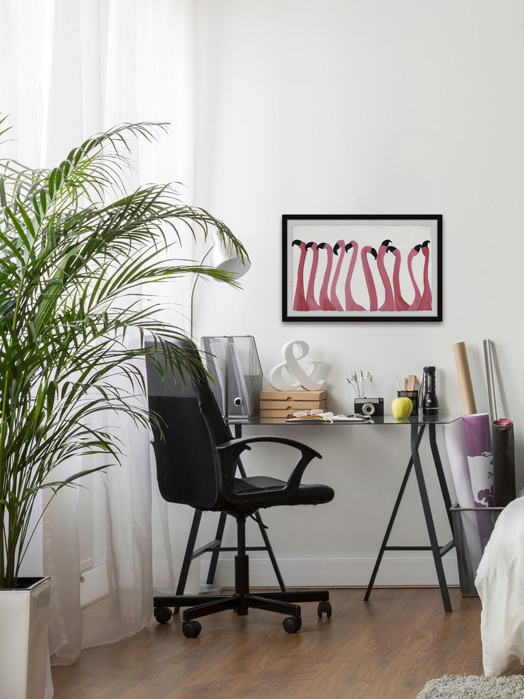 "Flamingo Gossip" Framed Painting Print, 18"x12"