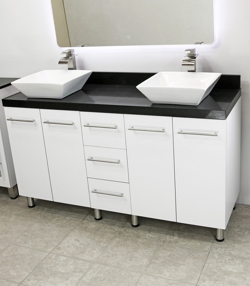Windbay 60" Free Standing Double Vanity, White, Black Stone Thick Countertop