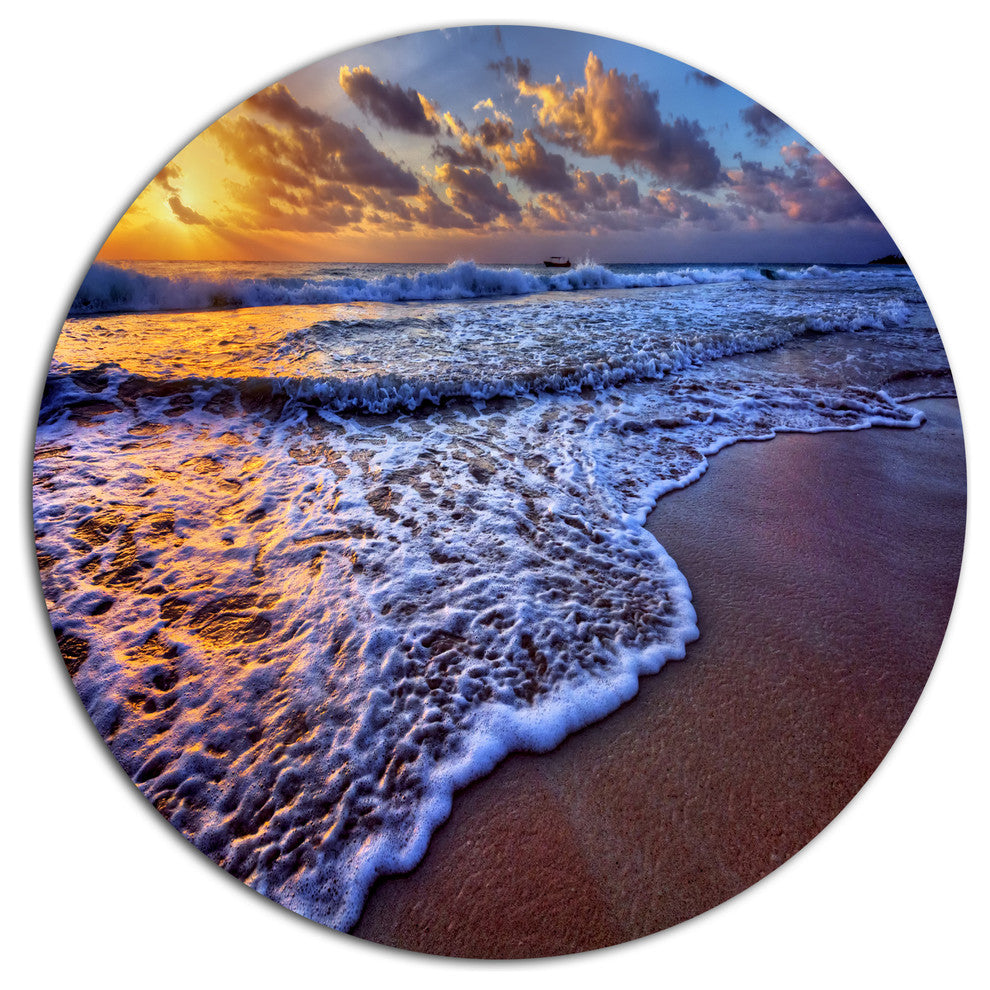 Sunset Over Blue Sea Waves, Seashore Art Disc Metal Artwork, 23"