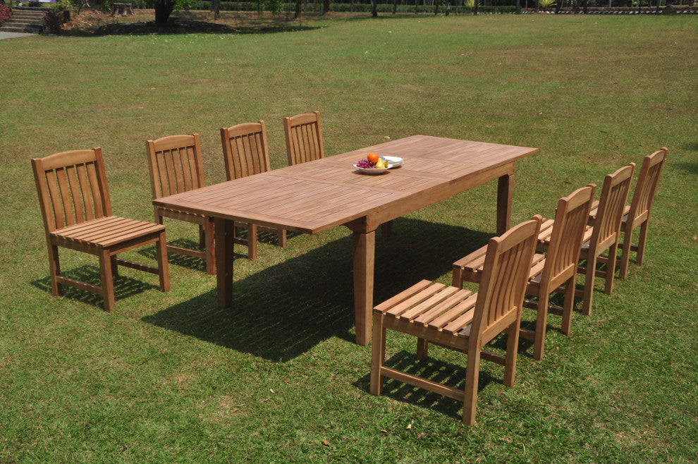 9-Piece Outdoor Teak Dining Set: 122" Rectangle Table, 8 Devon Armless Chairs