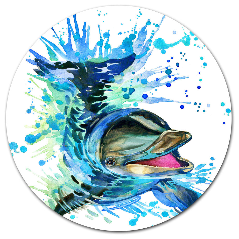 Blue Dolphin Watercolor, Animal Art Disc Metal Wall Art, 36"