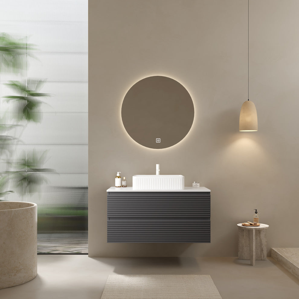 Modern Wall-Mounted Plywood Bathroom Cabinet with White Ceramic Basin, 36"
