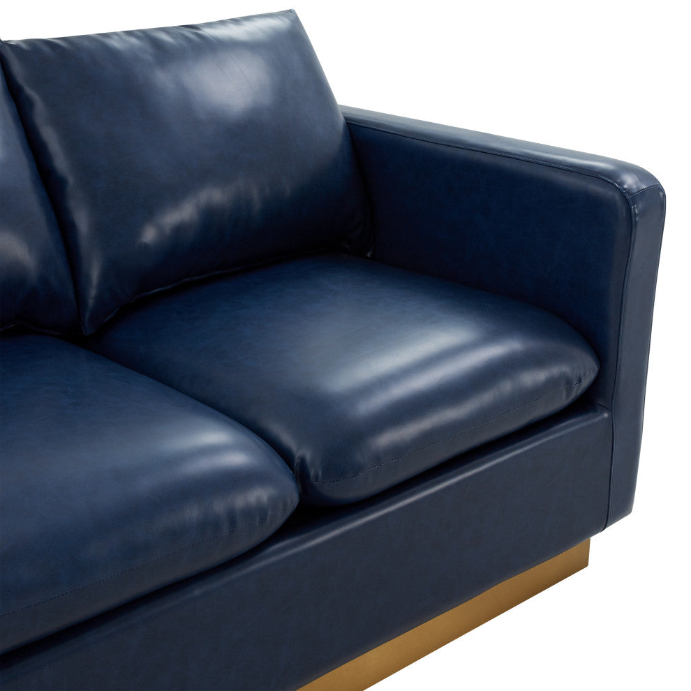 LeisureMod Nervo Modern Leather Loveseat With Gold Base, Navy Blue