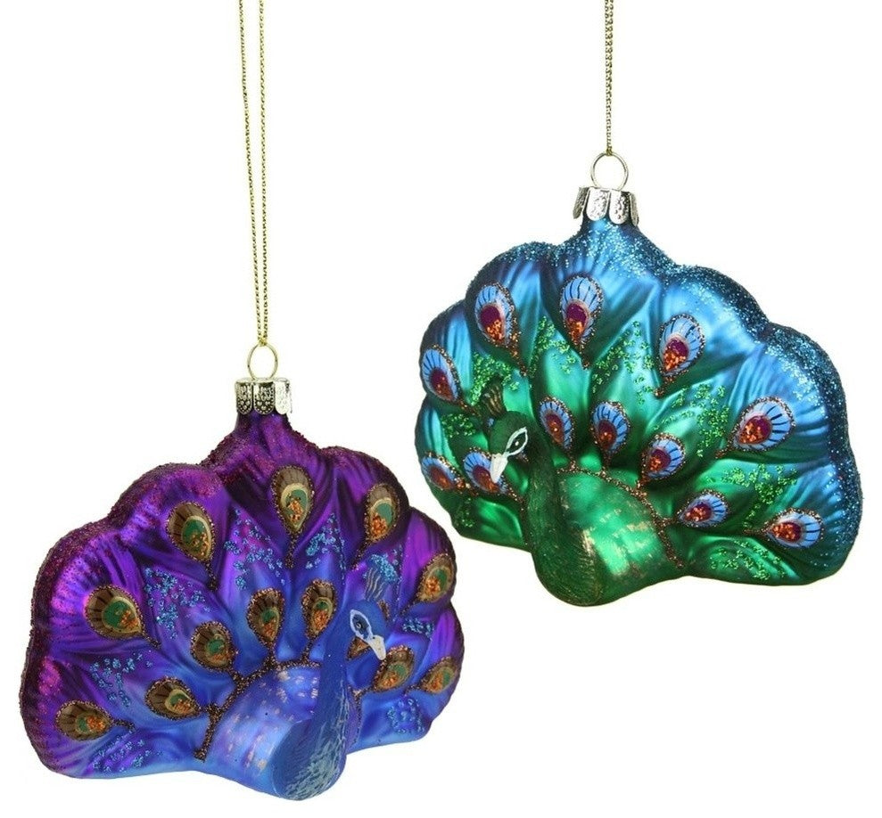 4.25" Regal Peacock Glittered Glass Peacock Christmas Ornament, Blue/ Purple
