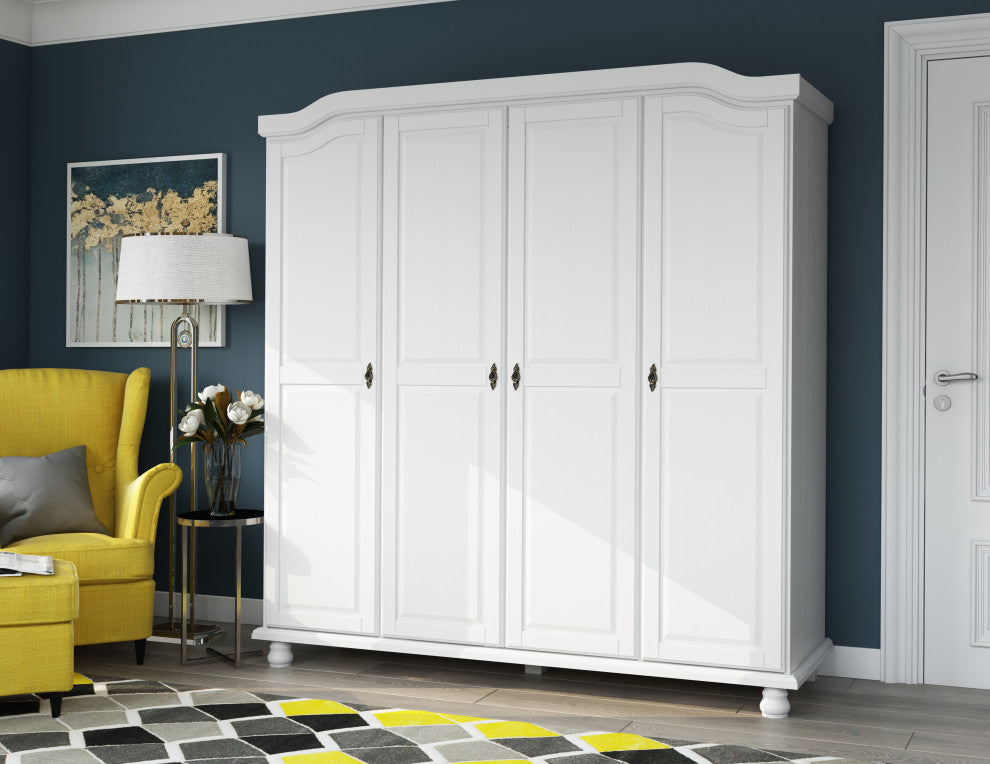 100% Solid Wood Kyle 4-Door Wardrobe, White