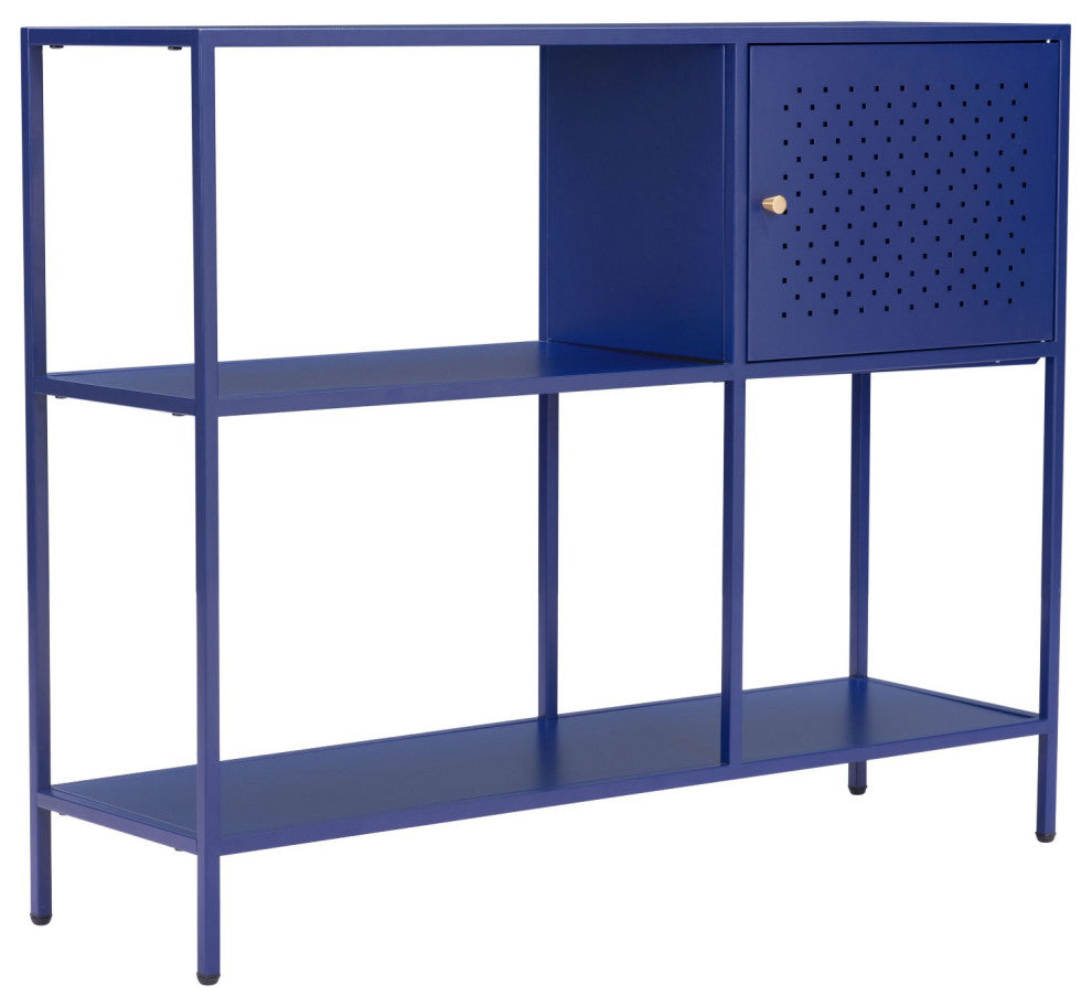 Bookcase Wall Shelf Rack, Steel Metal, Blue, Gold, Lounge Lobby Hospitality