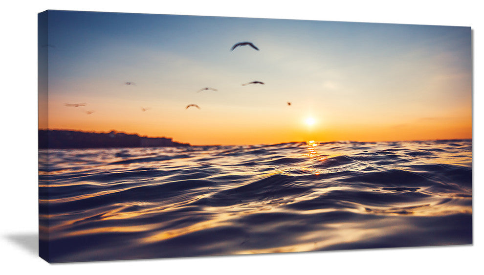 "Orange Tinged Sea Waters At Sunrise" Beach Canvas Wall Art, 1 Panel, 60"x28"