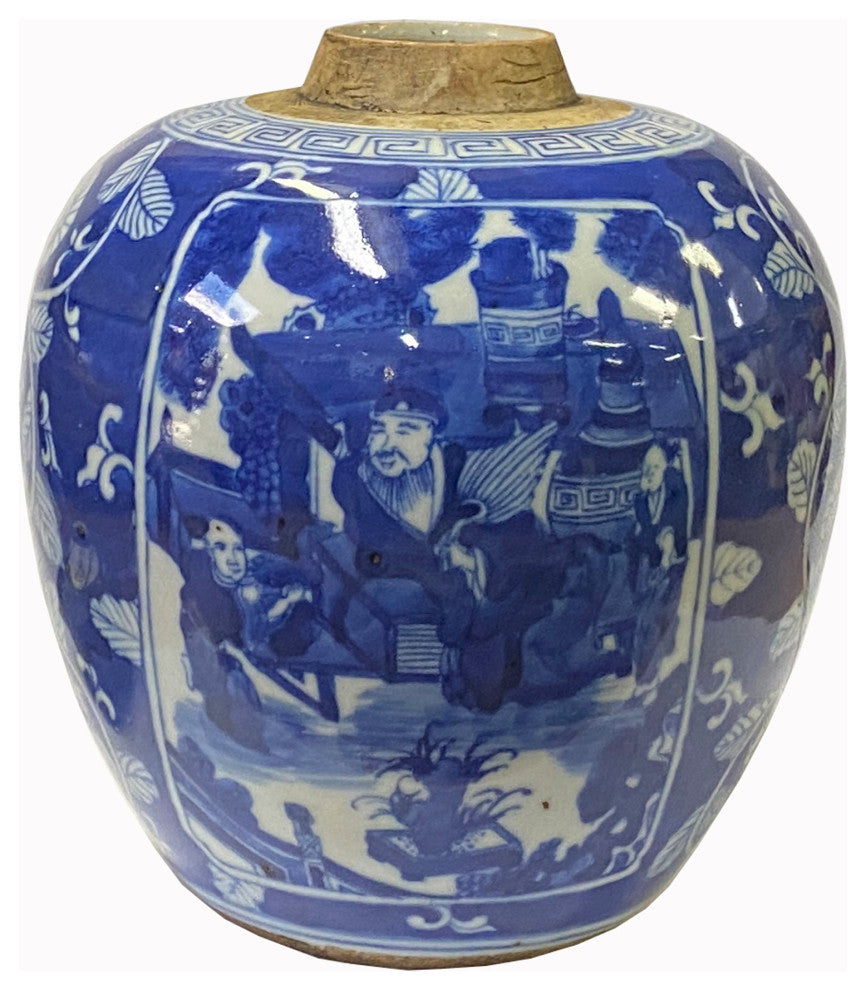 Oriental Handpainted People Theme Small Blue White Porcelain Ginger Jar Hws2313