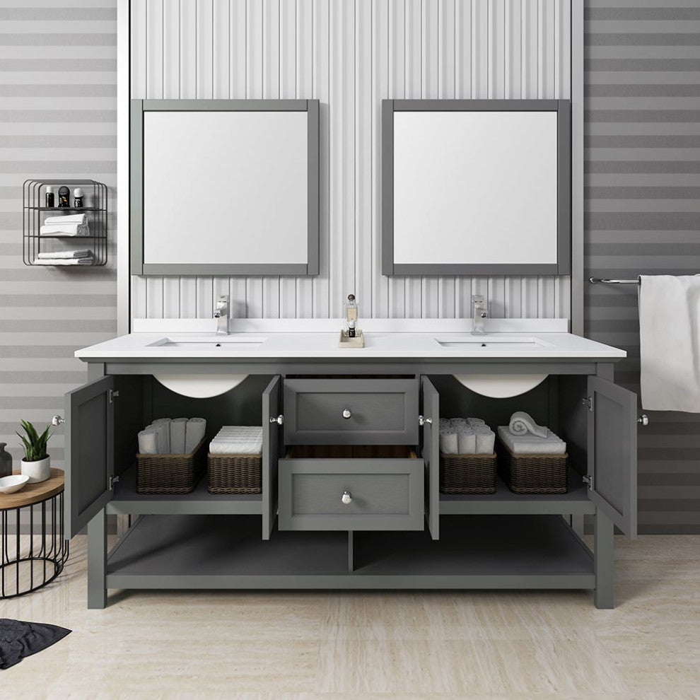 Manchester Regal 72" Gray Wood Veneer Double Sink Vanity Set, Faucet-Fft9161bn