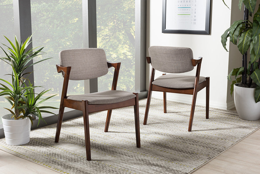 Elegant Dark Walnut Wood Gray Fabric Upholstered Dining Armchair, Set of 2