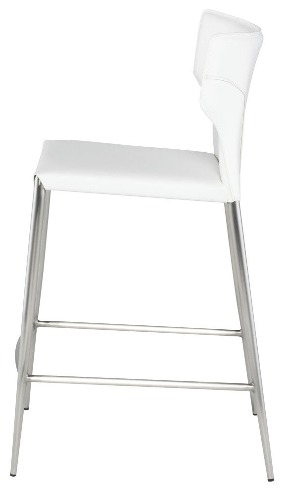 Wayne Counter Stool, White Leather, Brushed Stainless Steel Legs