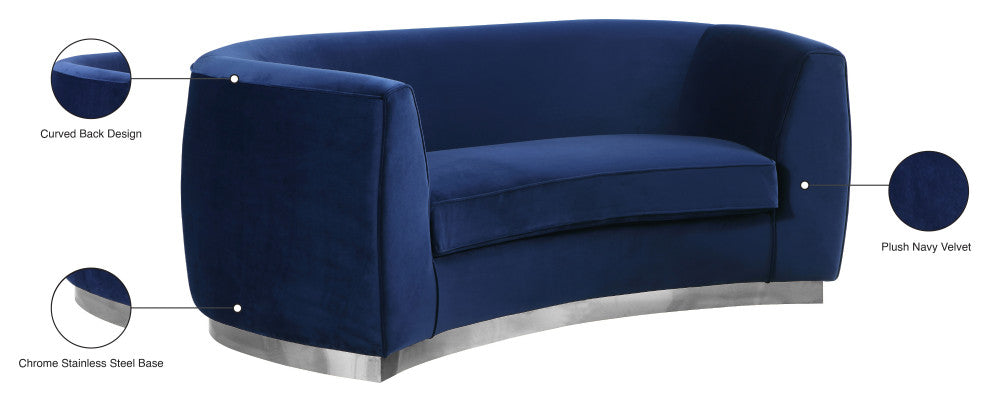 Julian Velvet Upholstered Loveseat, Navy, Chrome Base