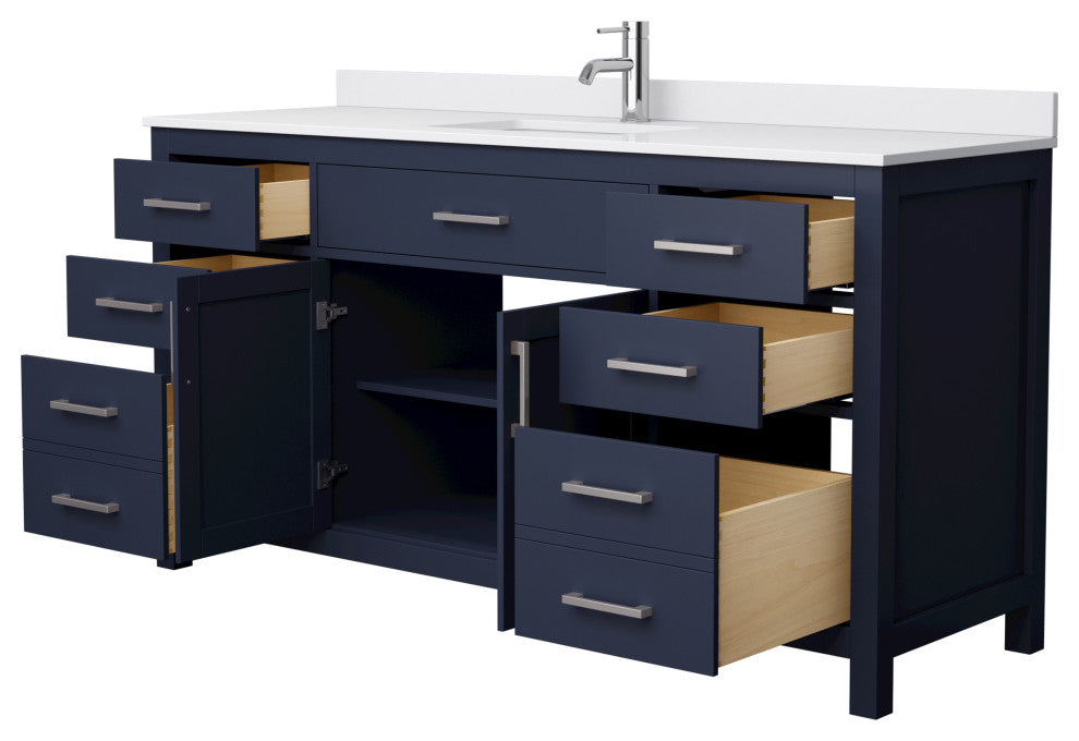 66"SGL Vanity Dark Blue, White Cult. Marble Countertop, Sink, Nickel Trim