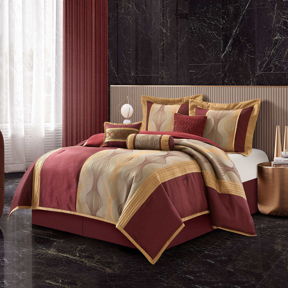 Kath 7-Piece Jacquard Comforter Set, Wine Gold, King