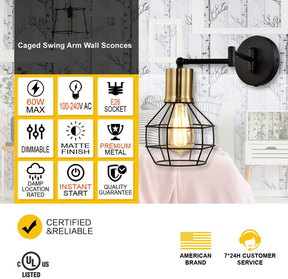 2 pack swing arm wall sconce black and gold cage wall lighting fixture