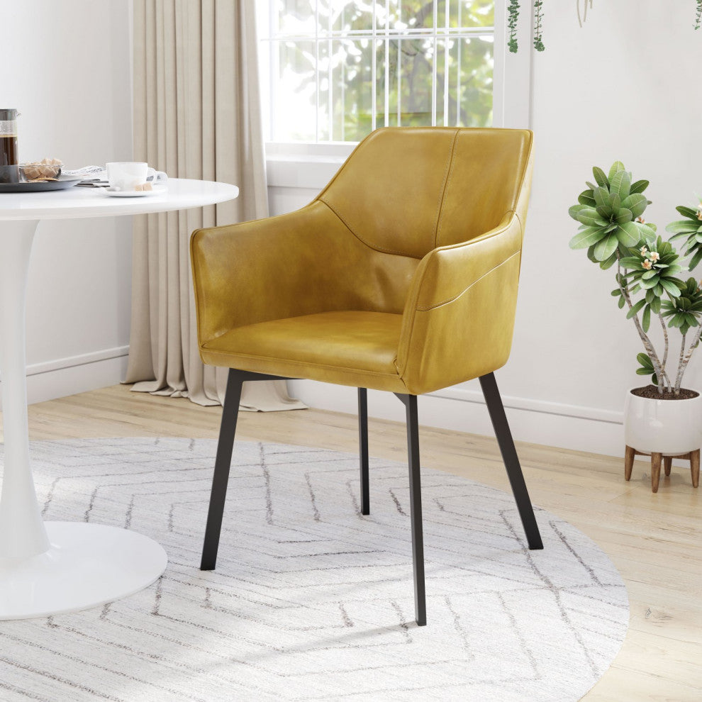 Dining Chair, Set of 2, Faux Vinyl Leather, Steel, Yellow, Black, Mid Century