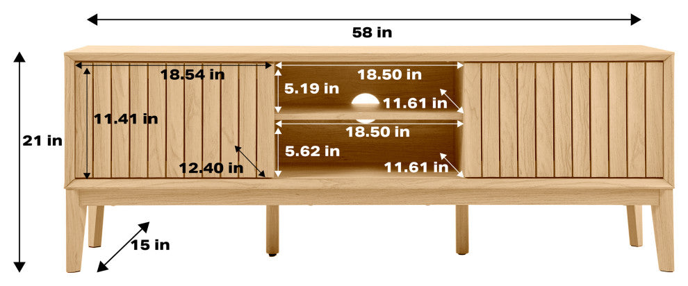 3-Storage Sliding Door TV Stand Fits TVs up to 65 in. with Cable Management, Oak