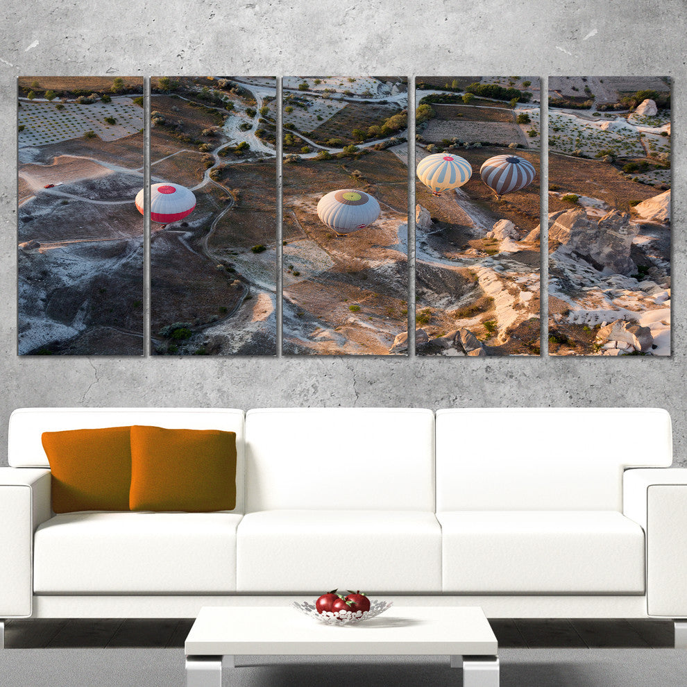 Flight with Balloons at Sunrise, Large Landscape Canvas Art, 60"x28", 5 Panels