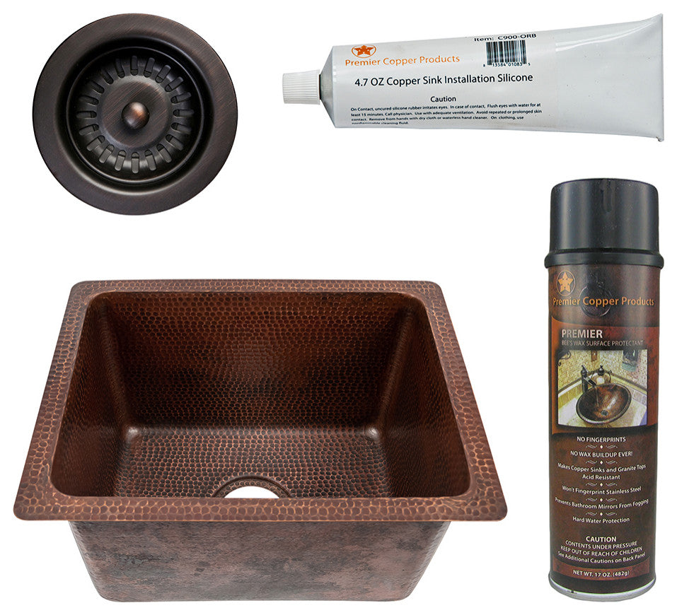 17" Rectangle Hammered Copper Bar/Prep/Laundry/Utility Sink, 3.5" Drain Opening