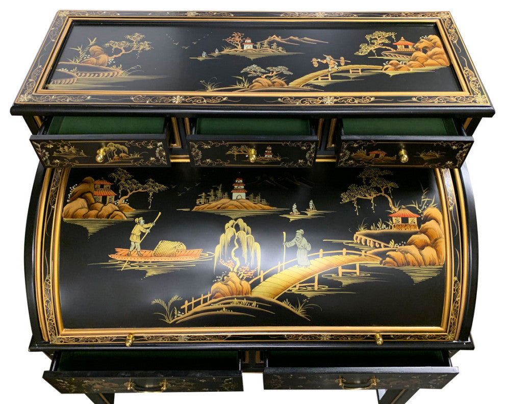 37" Wide Shiny Black Oriental Lacquerware Roll Top Desk