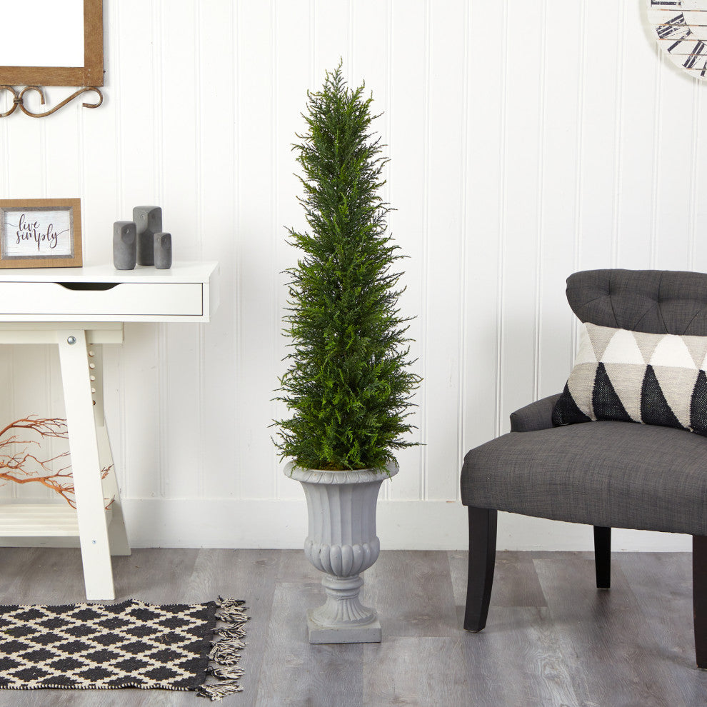 4.5' Cypress Artificial Tree, Decorative Urn UV Resistant, Indoor/Outdoor