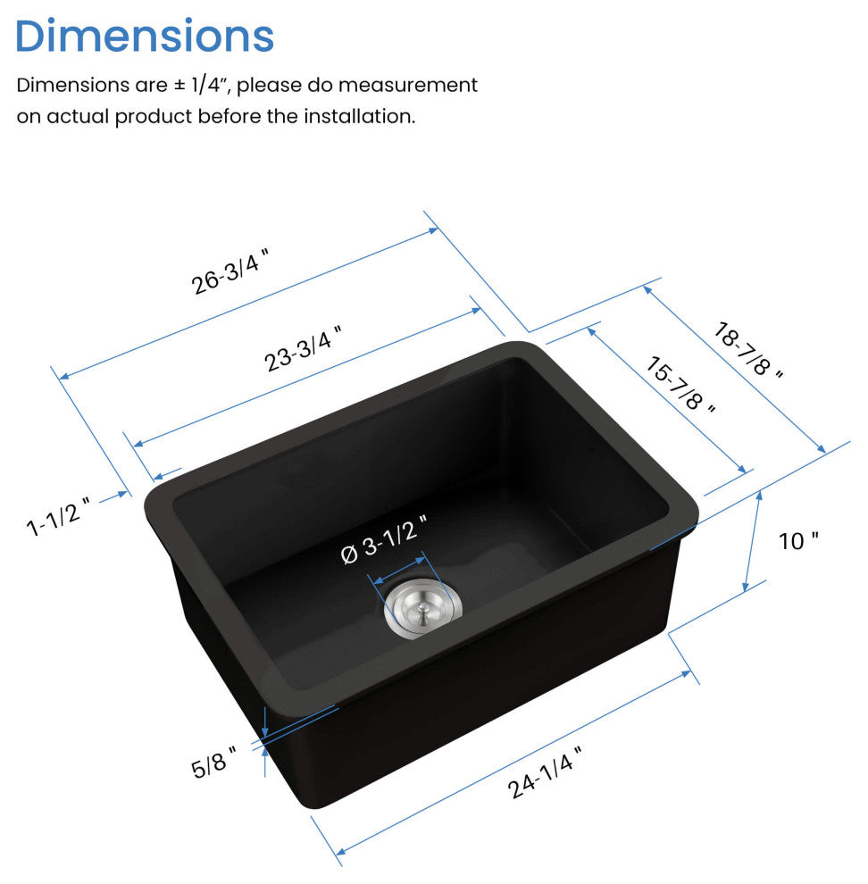 Pure 27" Fireclay Kitchen Undermount Single Bowl Sink, Matte Black